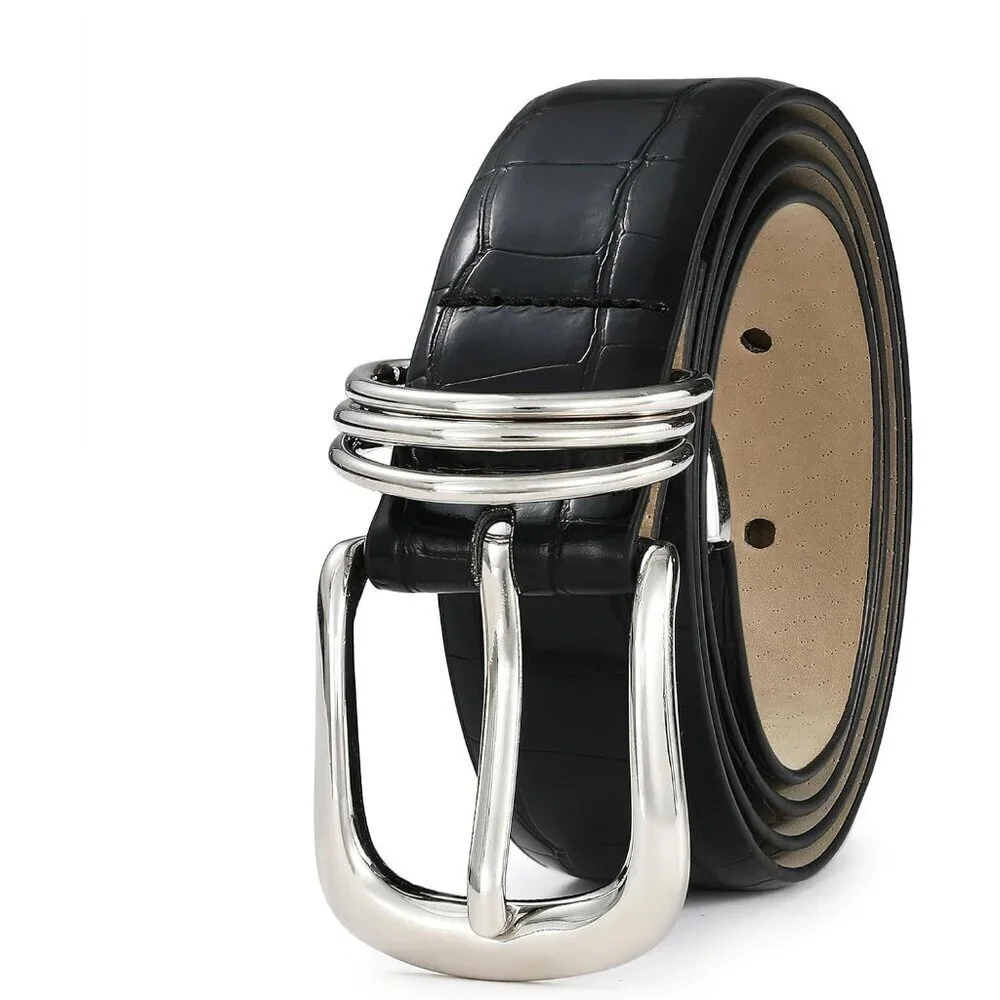Women's Leather Belt with Gold Buckle Elegant Waist Accessory for Jeans Dress